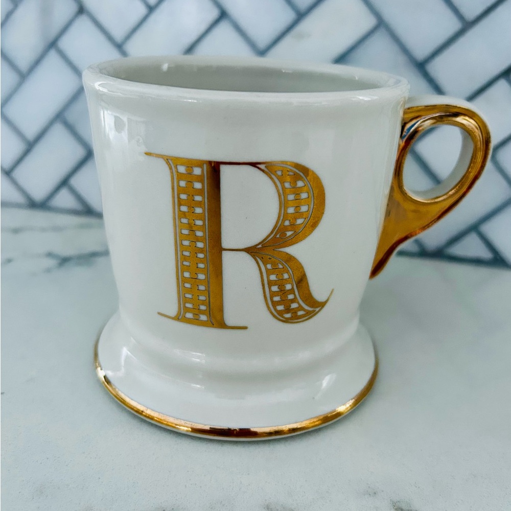 Anthro White & Gold Monogram ‘R’ Mug